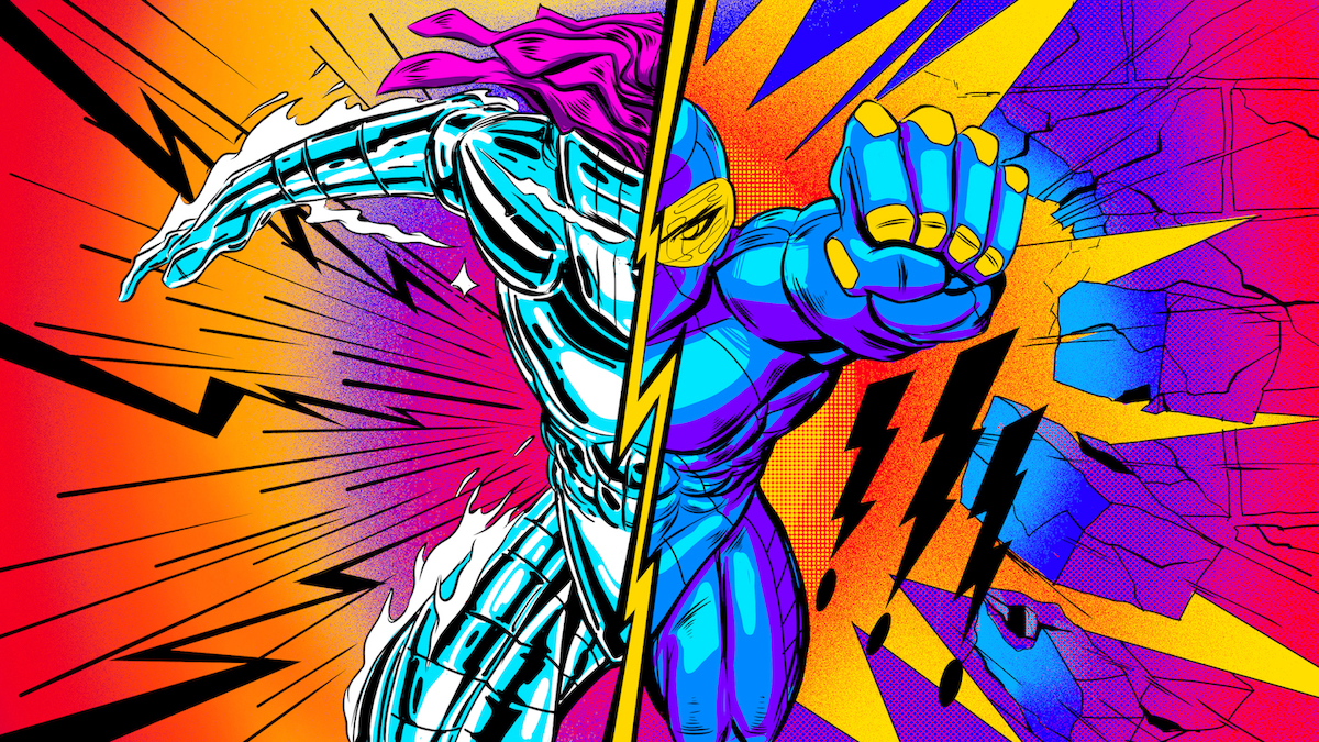 Vibrant superhero illustration that represents the power of two sides working together in collaboration